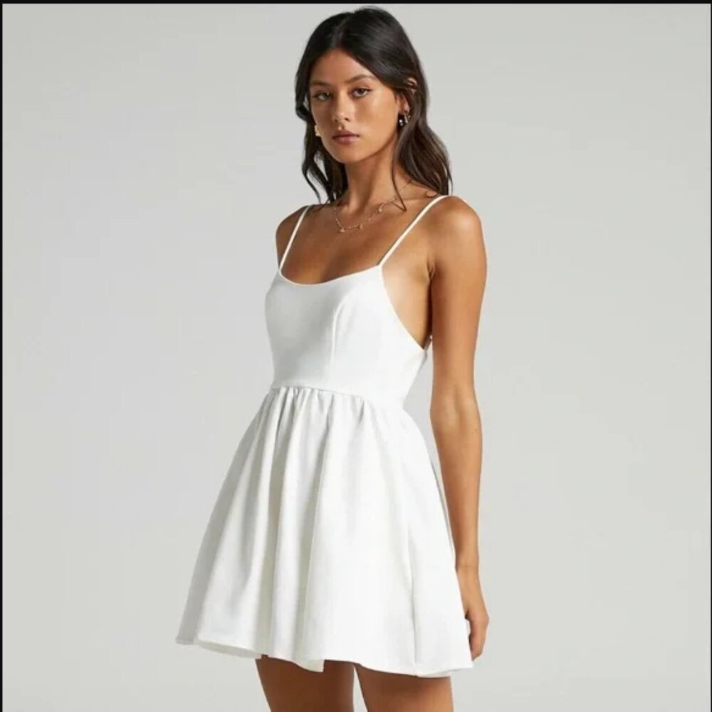 Showpo. White mini spaghetti strap dress you got nothing to prove